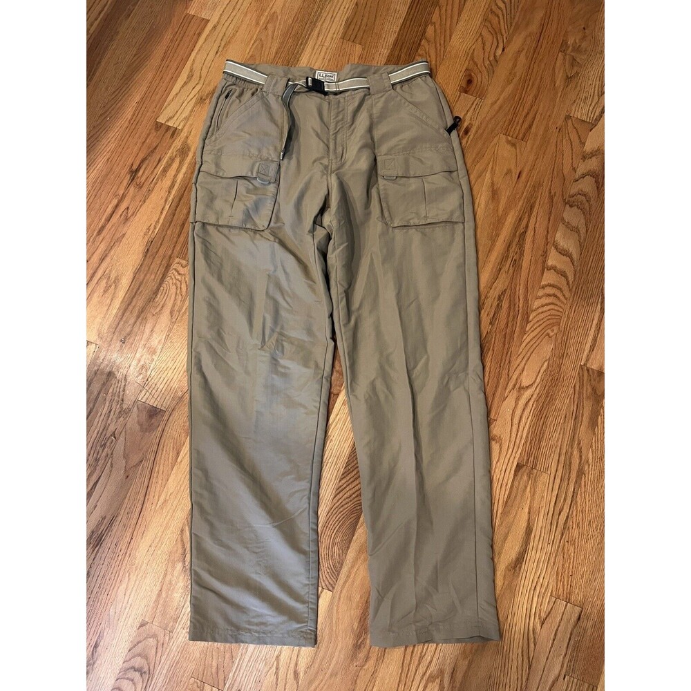 LL Bean Khaki Tan Pants Shorts Belted‎ Mens L  Tall Outdoors Hiking Cargo